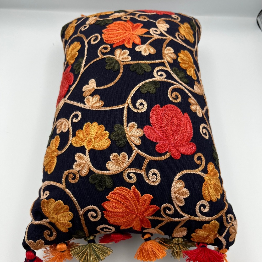 Boho Embroidered Pillow Navy Blue Floral Tassel Accent Decorative Accent Pillow - Picture 4 of 10